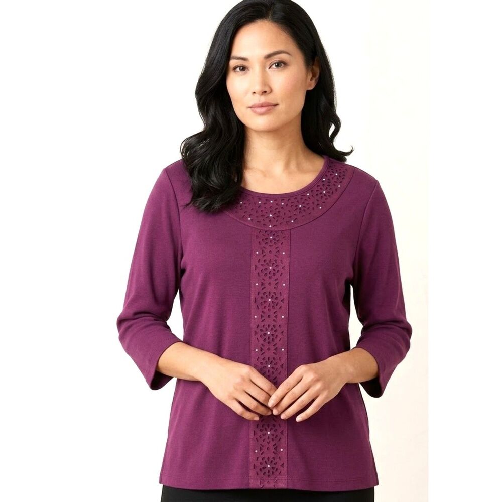Alfred Dunner Berry 3/4 Sleeve Embellished Knit Tunic Top Medium Casual Comfort